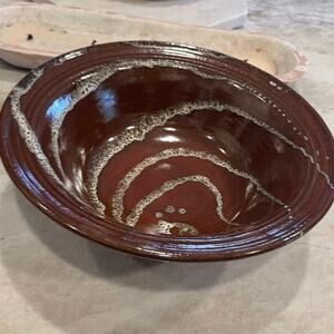 Large vintage Brown Pottery 12” Bowl signed by artist Masterson 89’